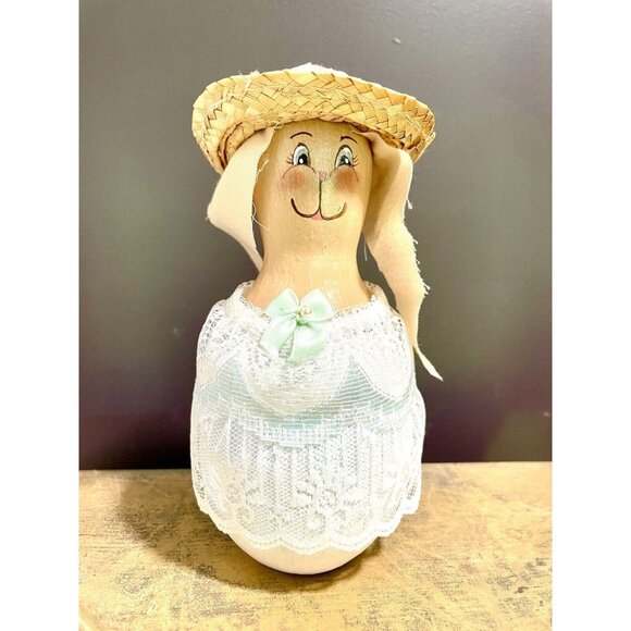 Vintage Hand Painted Farmer Bunny Gourd Art Shaker Style Lace Dress & Straw Hat - Picture 1 of 6